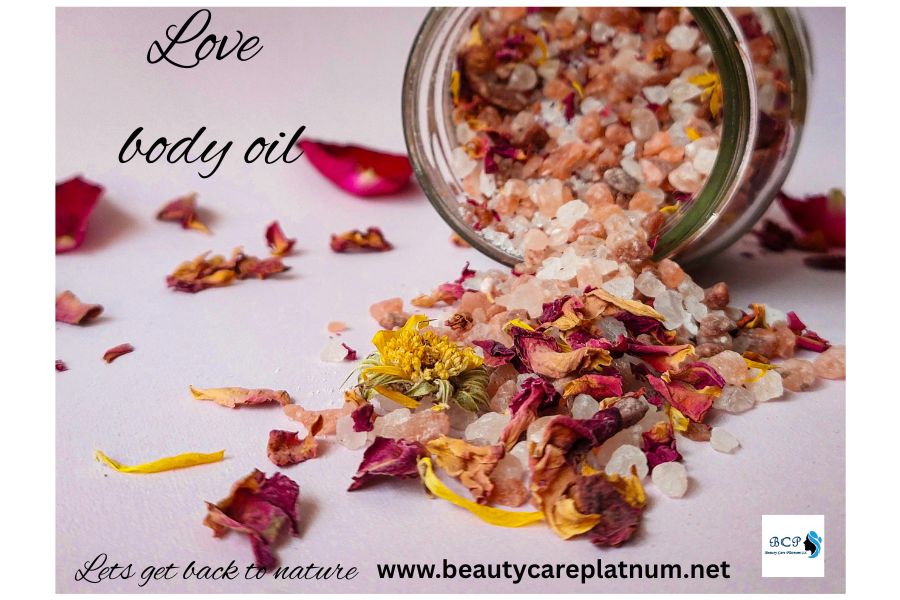 Love Body Oil Natural Moisturizing Glow Oil with pink Himalayan salt and dried flower petals.