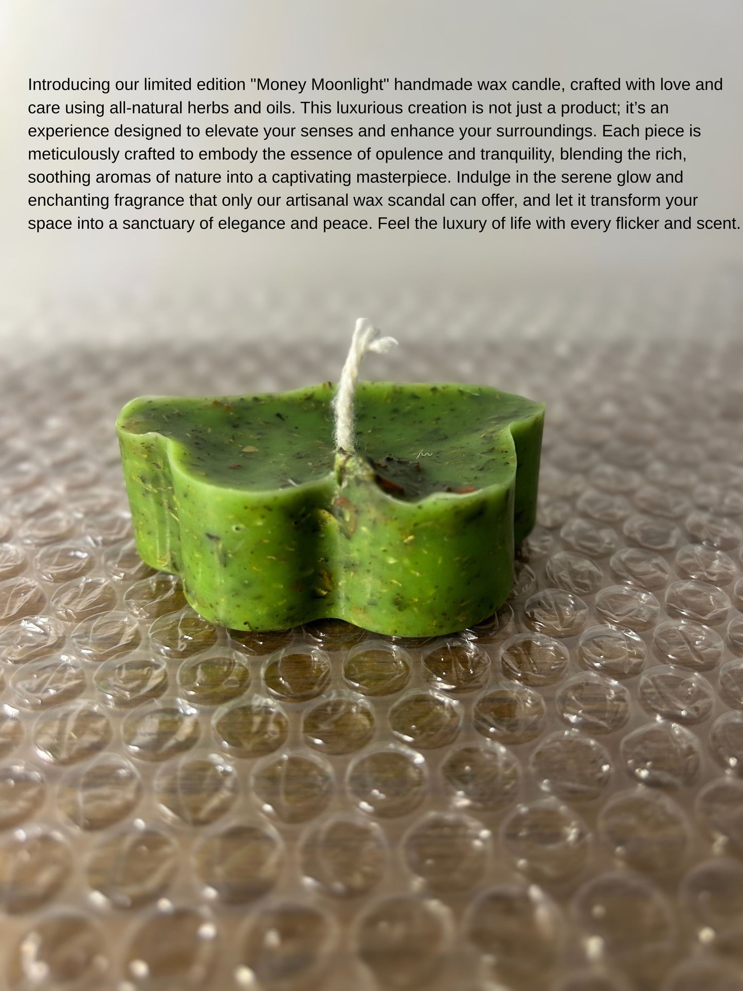 Limited Edition - Money Moon Light wax Candle shaped like a leaf, crafted with natural herbs and oils for luxury and serenity.