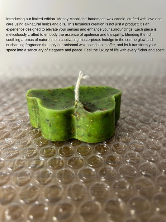 Limited Edition - Money Moon Light wax Candle shaped like a leaf, crafted with natural herbs and oils for luxury and serenity.